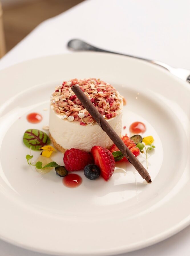 Elegant dessert with berries and chocolate